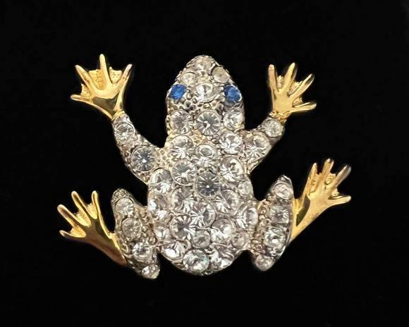 VTG 1998 Plainville Stock Co PSCO Brooch Frog Gold Tone Clear Blue Rhinestones - Picture 6 of 10